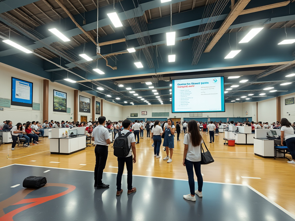 Estudiantes en un gimnasio universitario durante una feria académica con mesas de registro, pantalla de presentación y gran asistencia Estudiantes en un gimnasio universitario durante una feria académica con mesas de registro, pantalla de presentación y gran asistencia