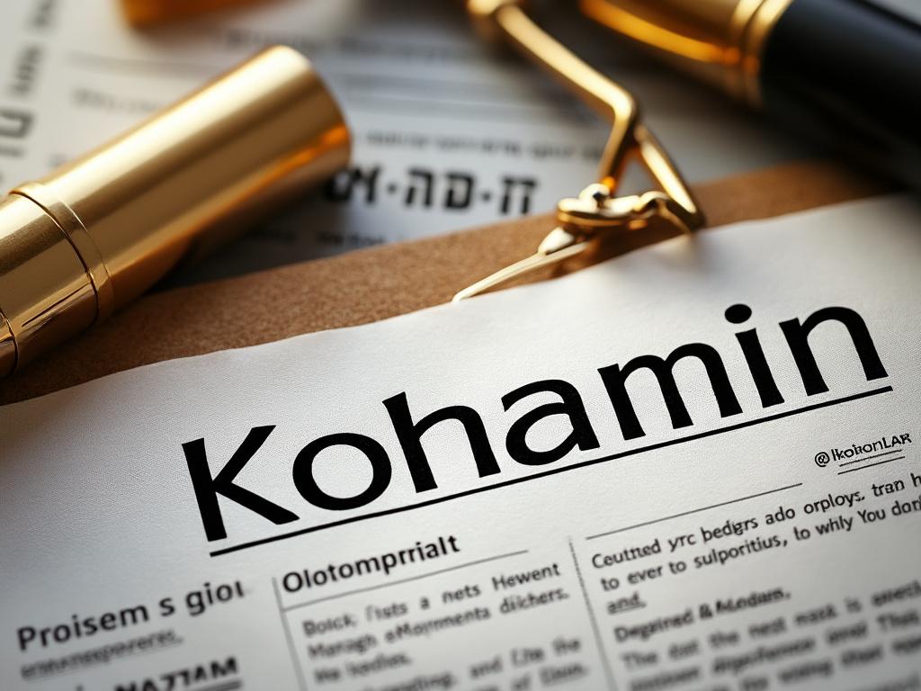 Close-up of a document with the word 'Kohamin' highlighted, surrounded by a gold pen and other papers, emphasizing writing or editing.