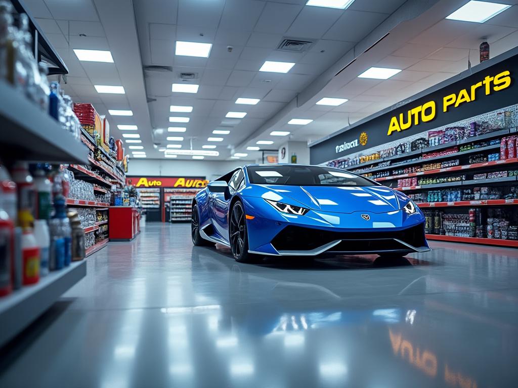 Deportivo azul en el interior de una tienda de autopartes, rodeado de estantes llenos de productos automotrices.