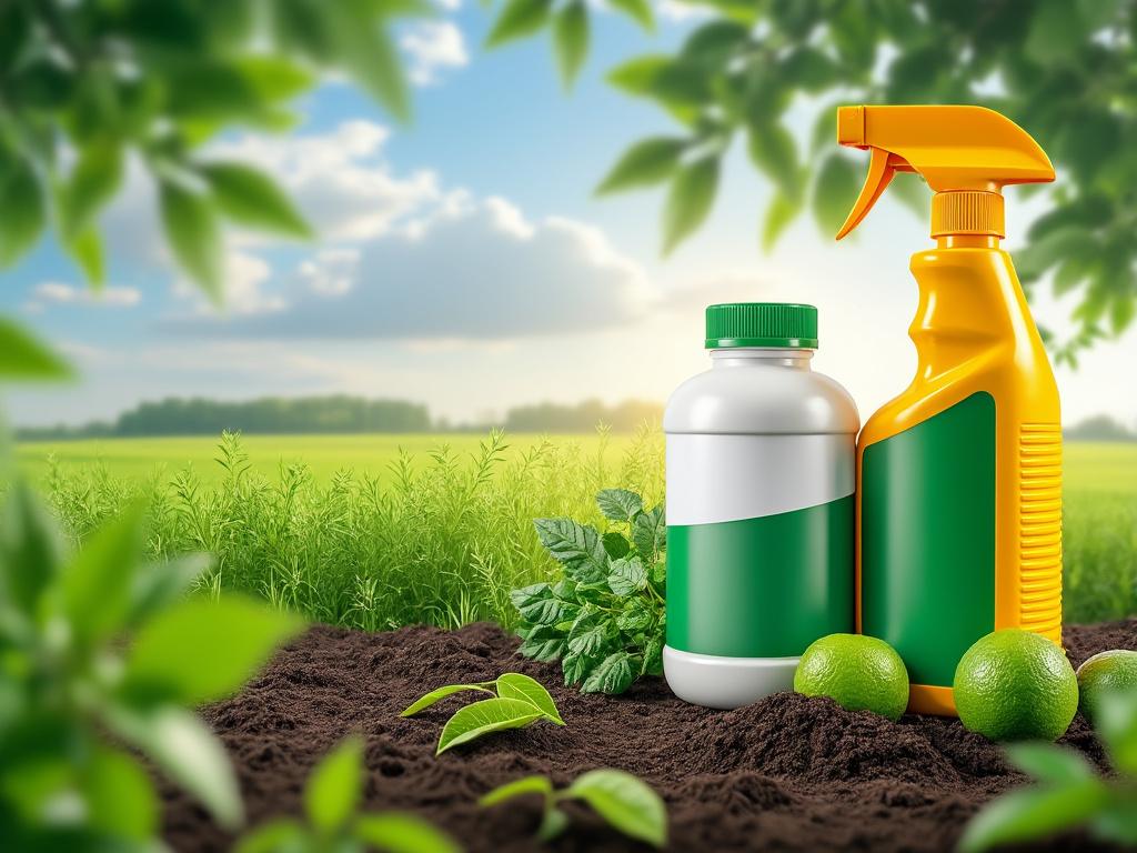 Productos de jardinería sobre tierra con hojas verdes y campo al fondo