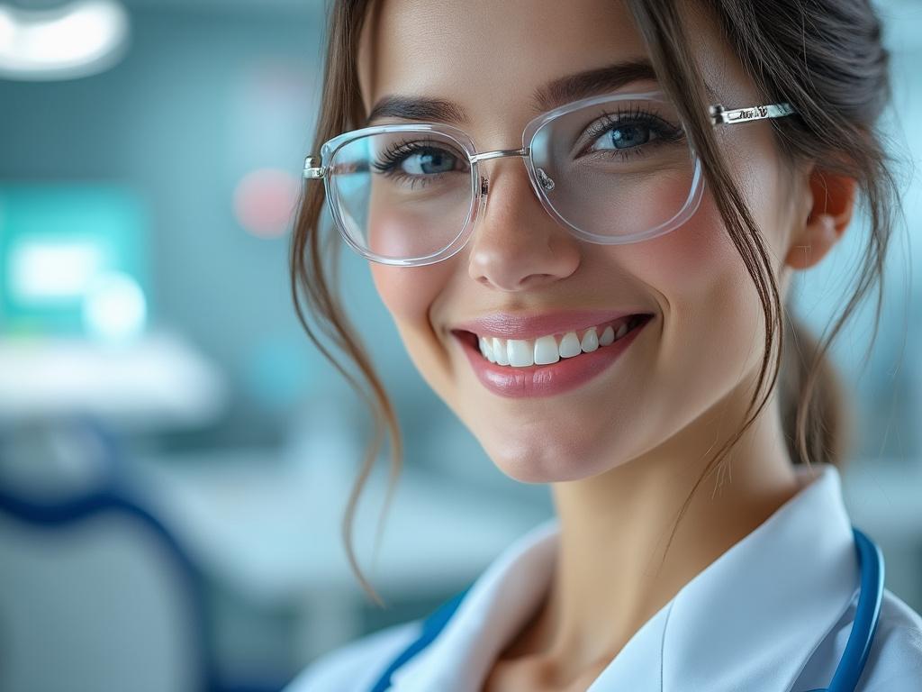 Mujer joven con gafas sonriente, luciendo una bata blanca y estetoscopio en entorno médico moderno.