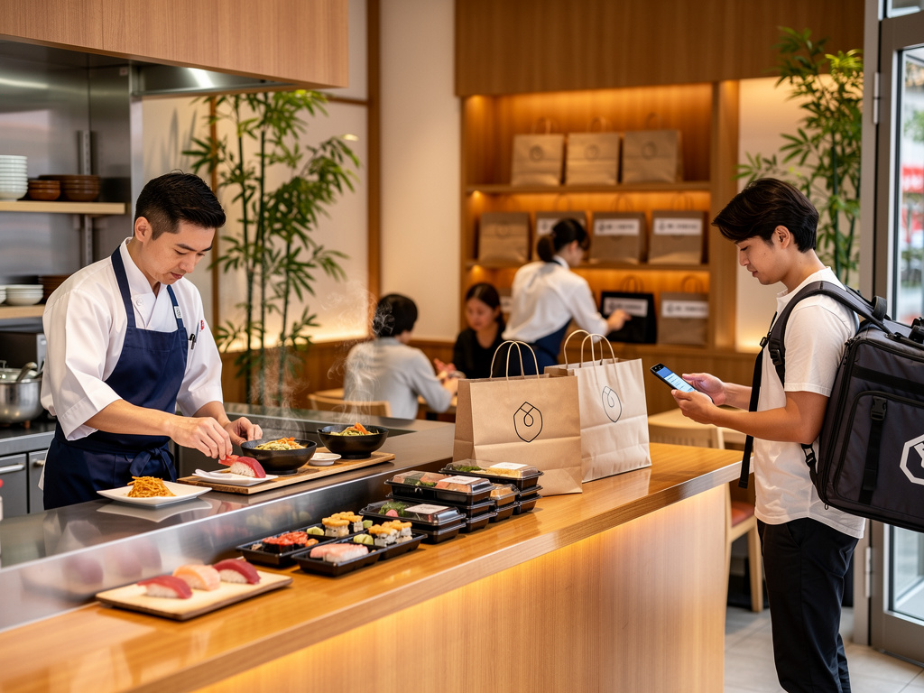 Repartidor recoge pedido de sushi para llevar en restaurante japonés moderno con chef preparando comida