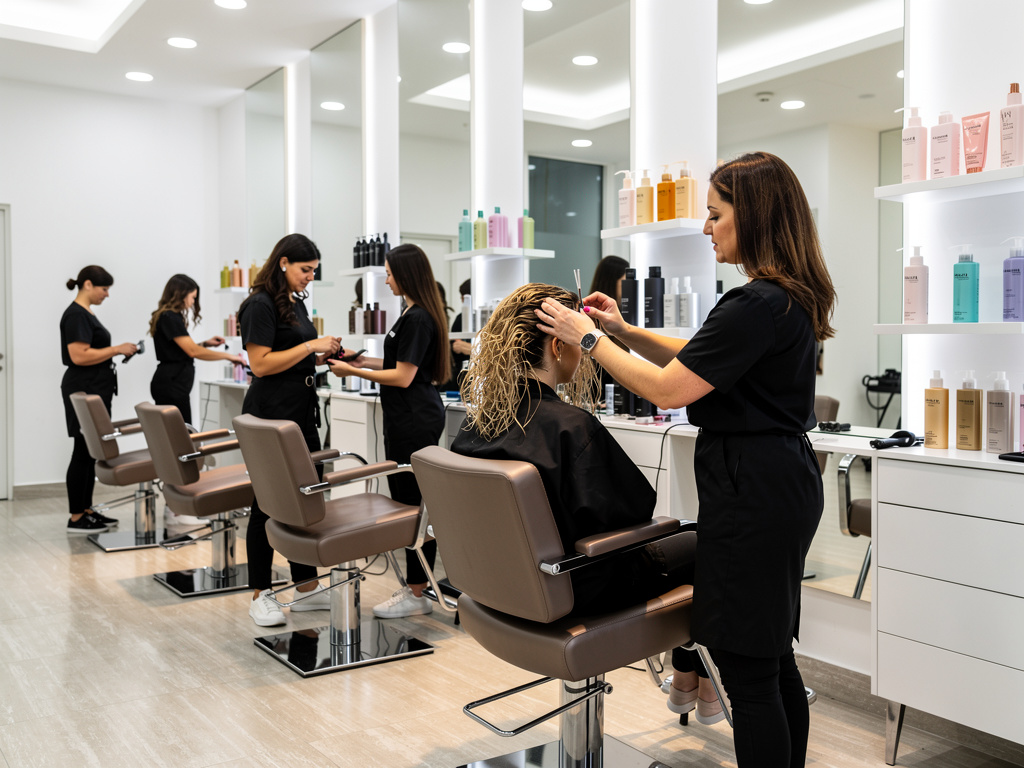 Peluquería moderna con estilistas atendiendo a clientas, espejos grandes y productos profesionales para el cuidado del cabello