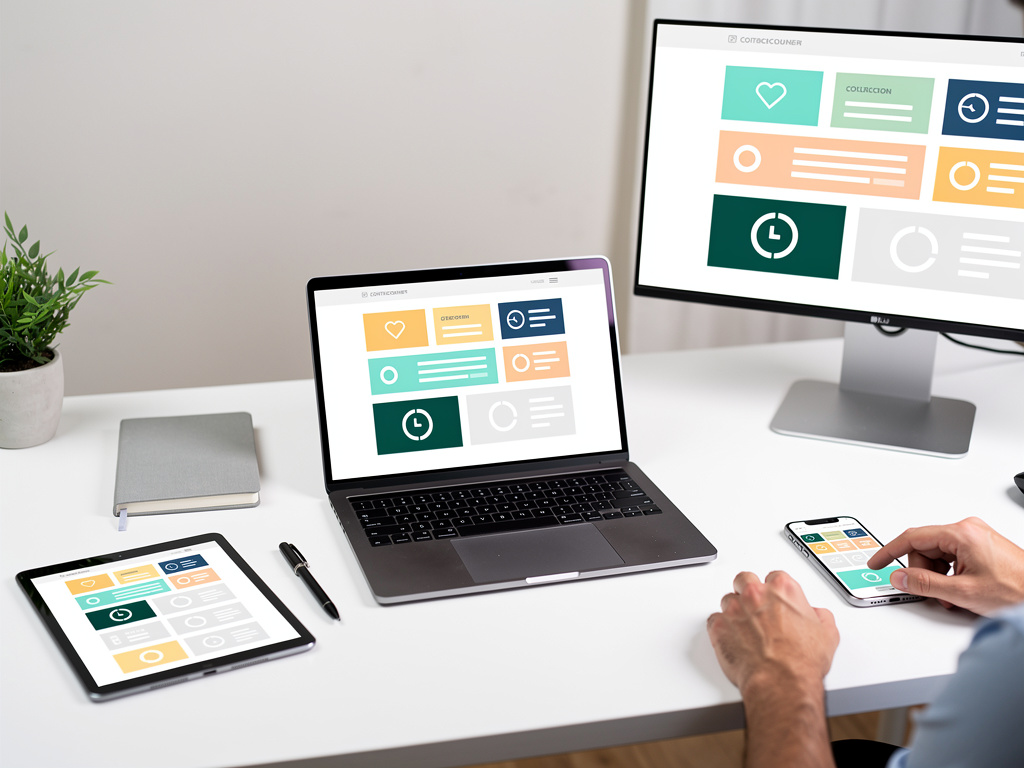 Responsive web design dashboard displayed across laptop, desktop monitor, tablet, and smartphone on a modern workspace Responsive web design dashboard displayed across laptop, desktop monitor, tablet, and smartphone on a modern workspace