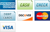 We accept American Express, Cash, Check, Debit Cards, Discover, MasterCard and Visa.||||