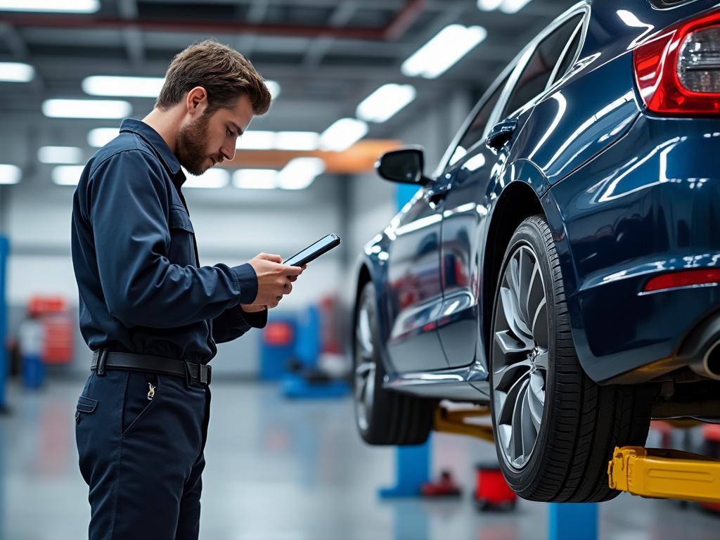 Mecánico revisando detalles en una tableta junto a un automóvil elevado en un taller, enfocado en diagnóstico y reparación.