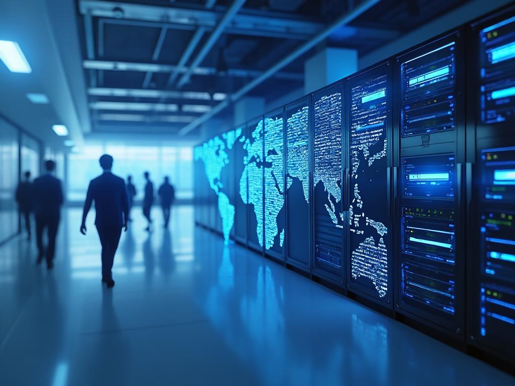Centro de datos moderno con mapas del mundo iluminados en los servidores y personas caminando en el pasillo.