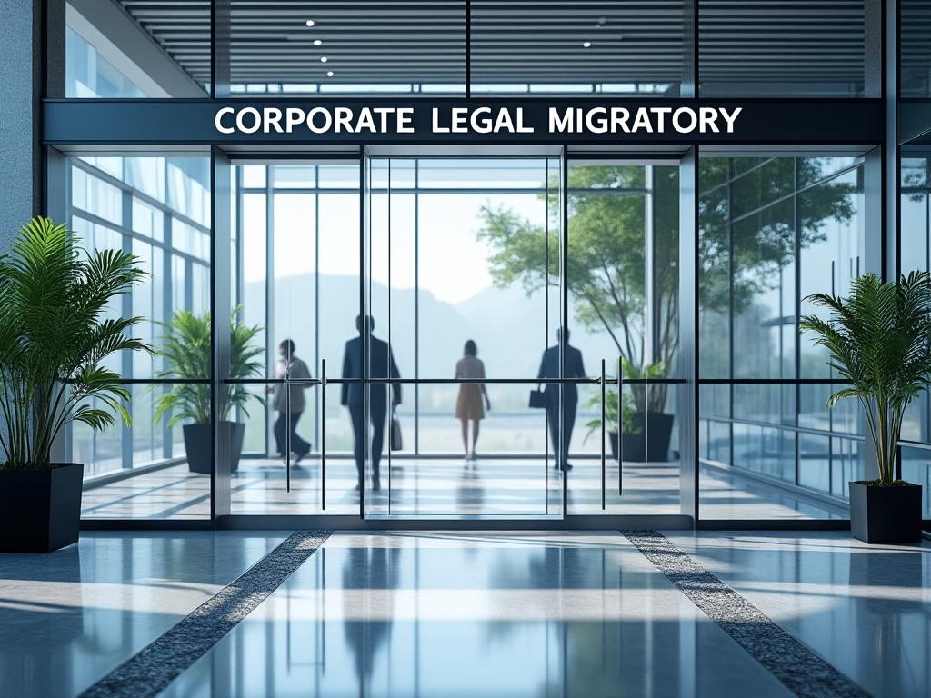 Entrada de oficina con letrero 'Corporate Legal Migratory', personas caminando, plantas y diseño moderno.