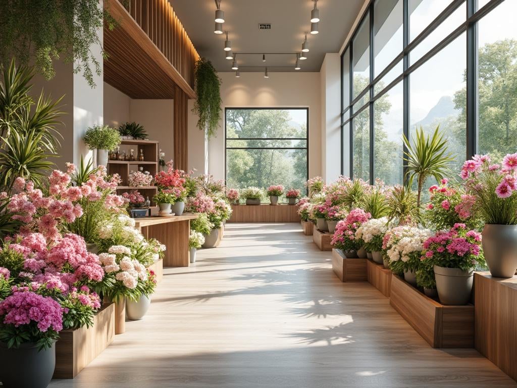 Interior de una floristería moderna y luminosa, con amplias ventanas y diversas plantas con flores de colores vibrantes en macetas. Interior de una floristería moderna y luminosa, con amplias ventanas y diversas plantas con flores de colores vibrantes en macetas.