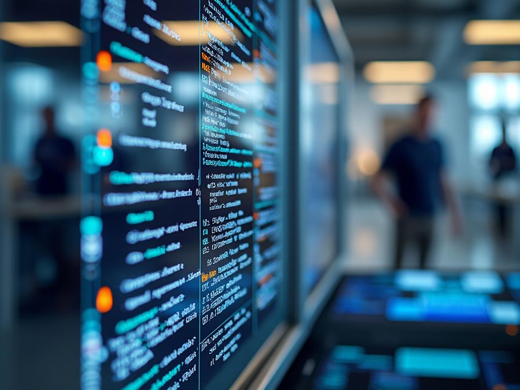 Close-up of computer screen displaying colorful lines of code in a modern office setting with blurred figures in background.