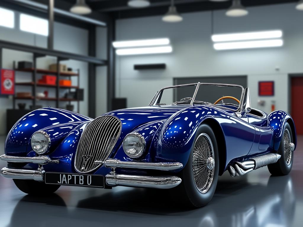 Vintage blue convertible sports car with chrome detailing parked in a modern garage