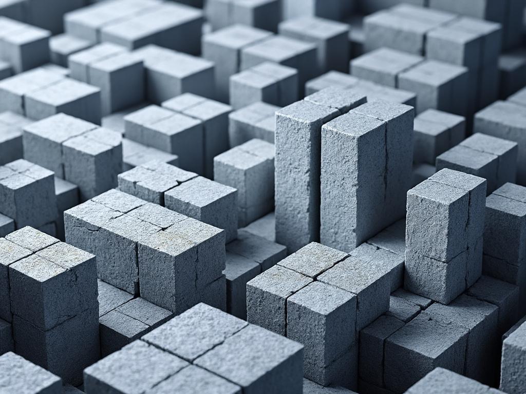 Estructura geométrica de bloques grises en diferentes alturas.