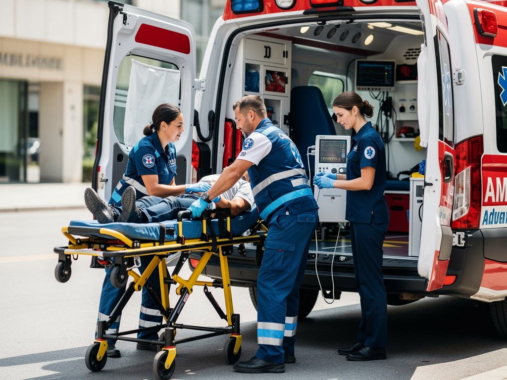 Paramédicos trasladan a un paciente en camilla hacia una ambulancia equipada frente a un hospital