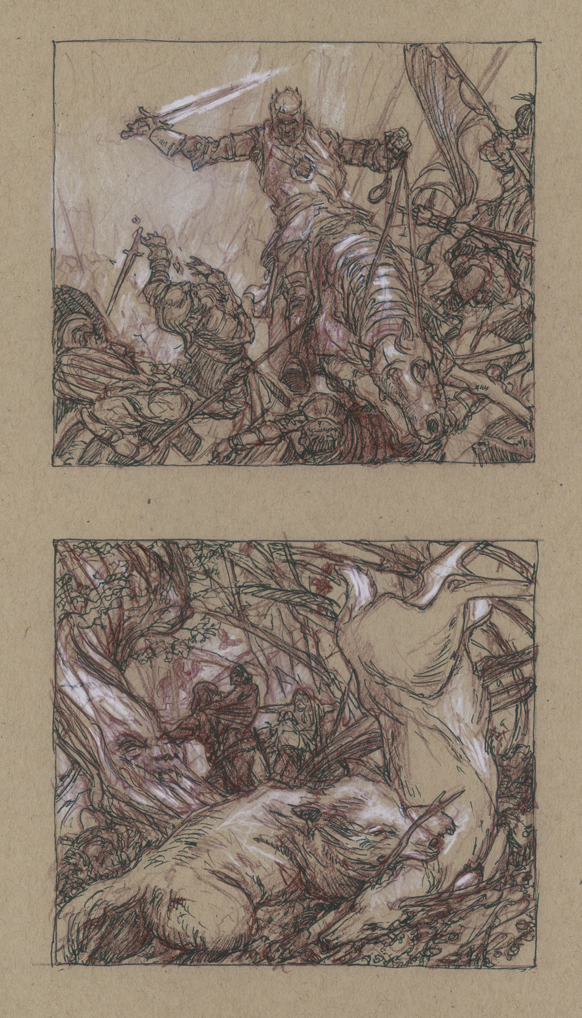 Stannis Baratheon and Brandon Stark
14" x 8" Watercolor Pencil and ink on Toned Paper 2013