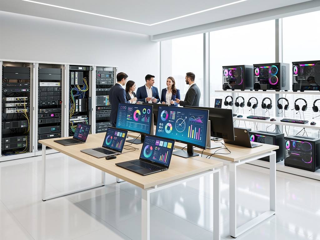 Laboratorio tecnológico moderno con servidores, ordenadores gaming RGB, monitores con análisis de datos y equipo empresarial reunido