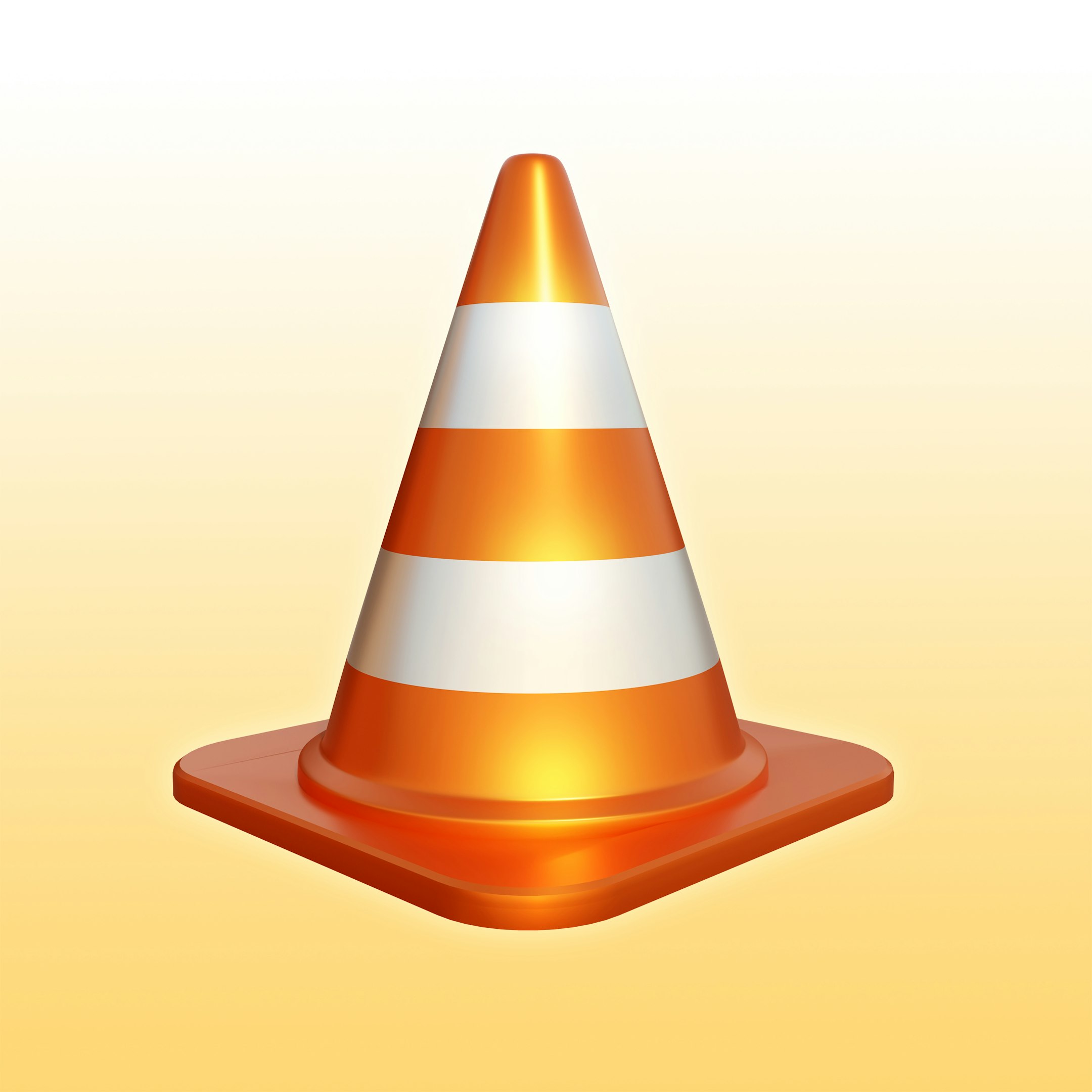 Orange traffic cone with white reflective stripes on a yellow background