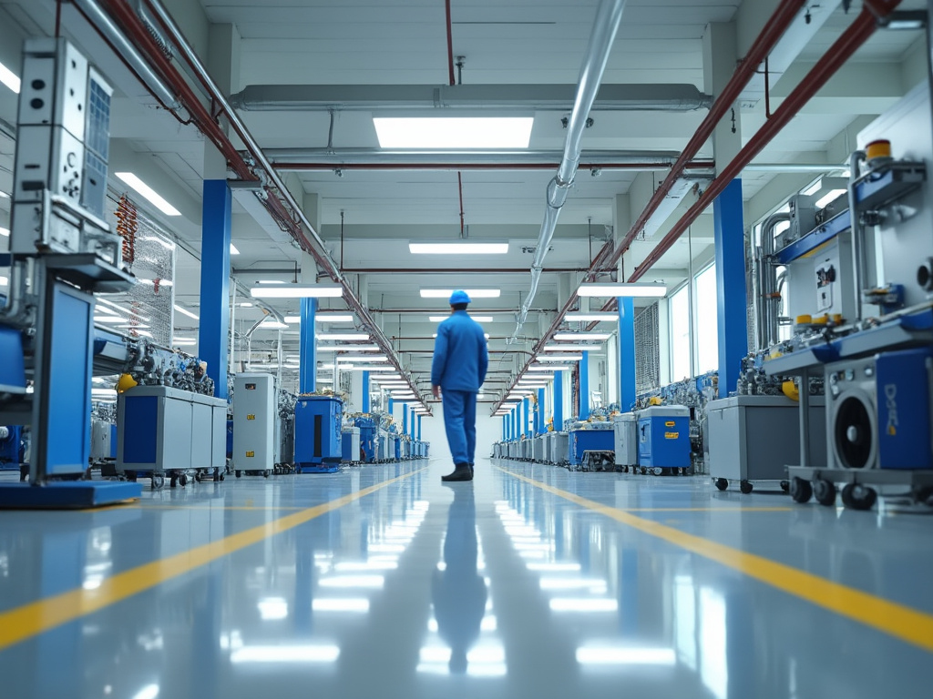 Trabajador con casco caminando por un pasillo de una moderna fábrica con equipo industrial.