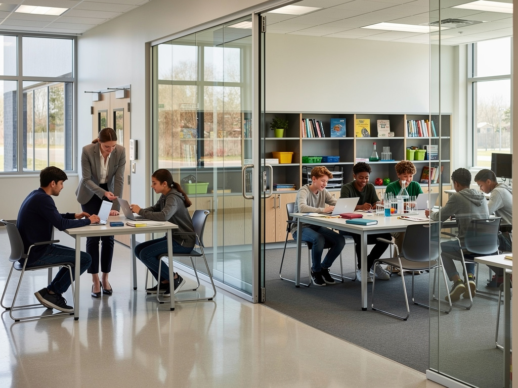 Estudiantes trabajando en grupo con profesor en aula moderna con paredes de cristal, portátiles y material de laboratorio