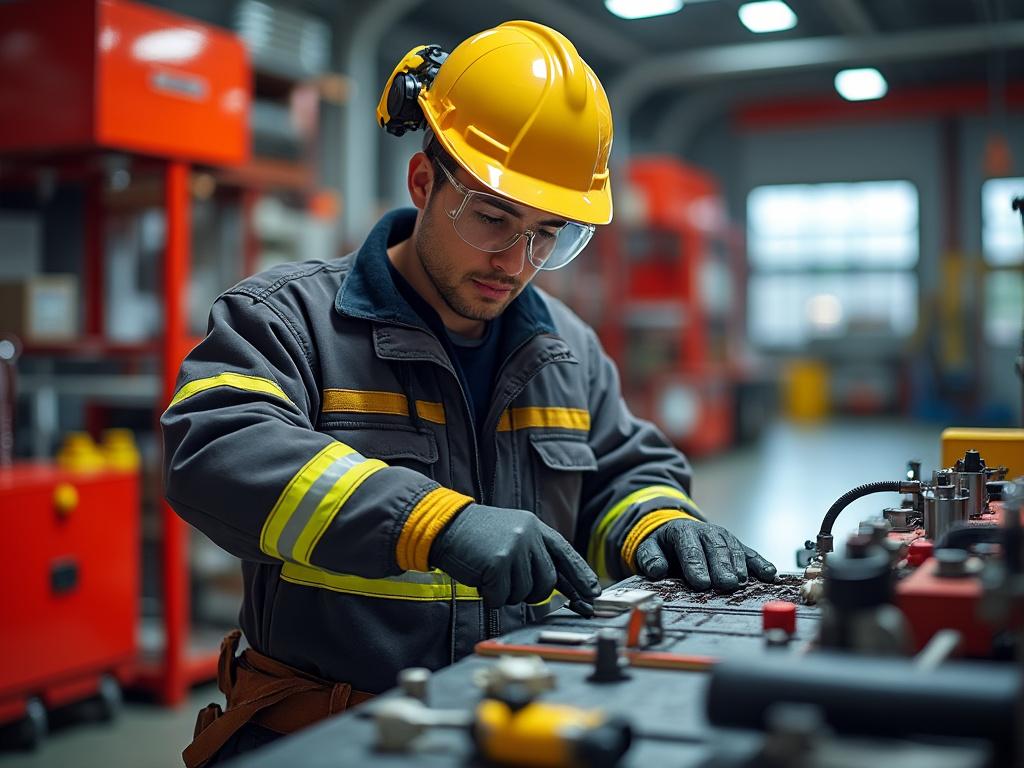 Trabajador industrial usando equipo de protección, casco amarillo y gafas de seguridad, operando maquinaria en una fábrica.