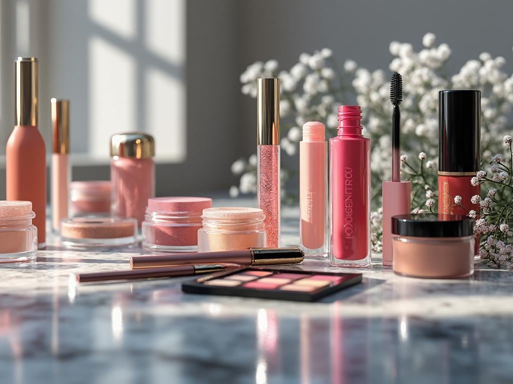 Conjunto de productos de maquillaje rosa y dorado sobre mesa de mármol, con fondo de flores blancas.
