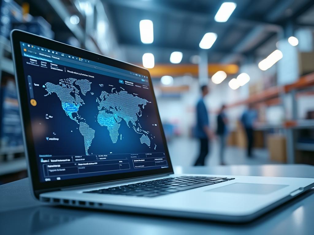 Portátil con mapa global en pantalla en almacén moderno.