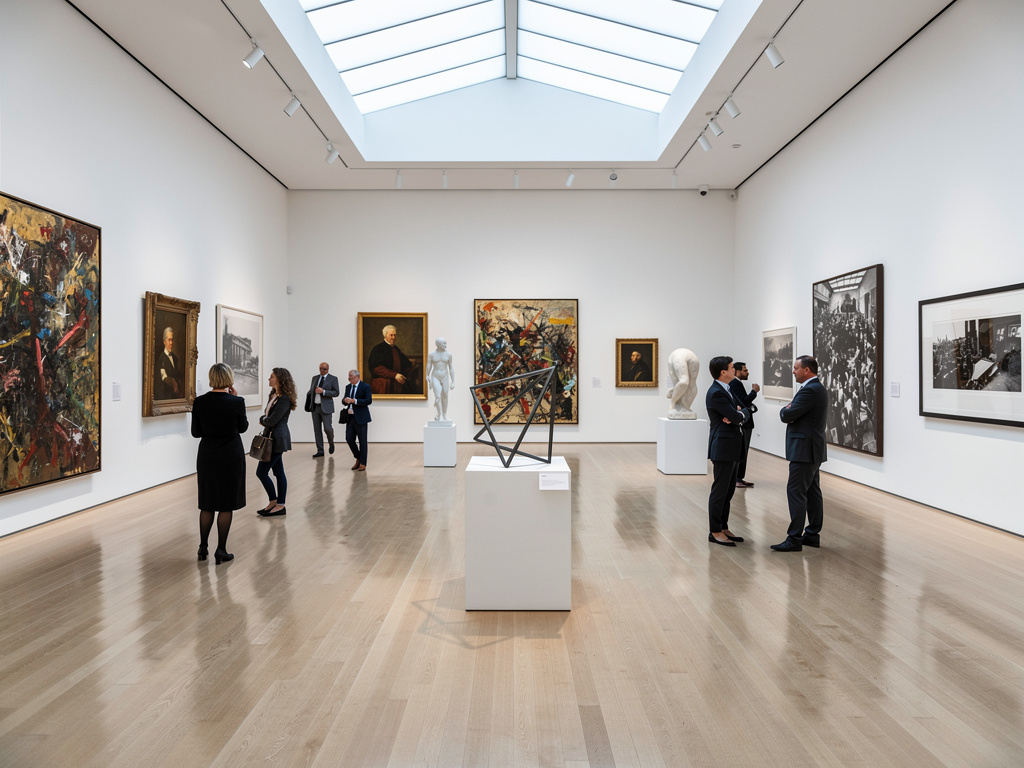 Galería de museo de arte moderno con visitantes, pinturas, esculturas y luz natural desde un tragaluz