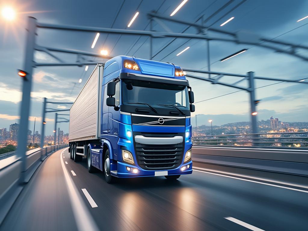 Camión azul cruzando un puente iluminado al atardecer con luces de la ciudad al fondo.