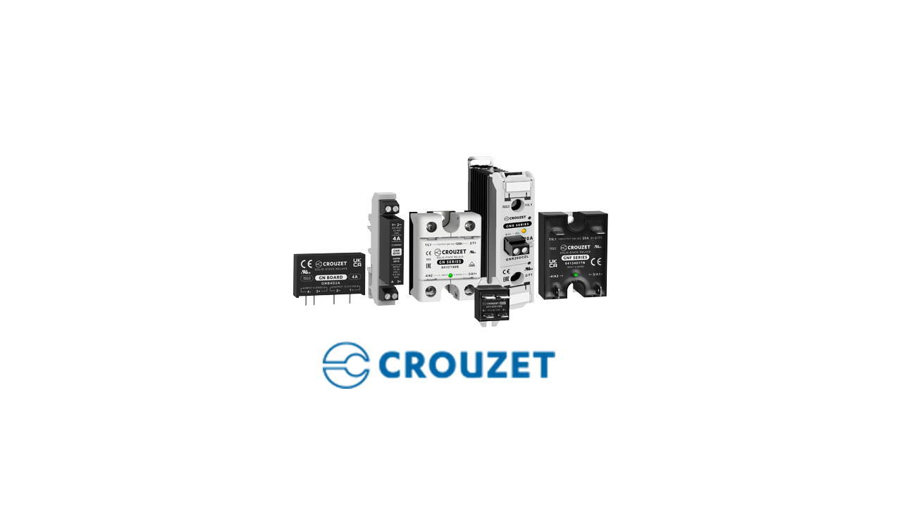 Variados relés de estado sólido de Crouzet con logotipo en el centro.