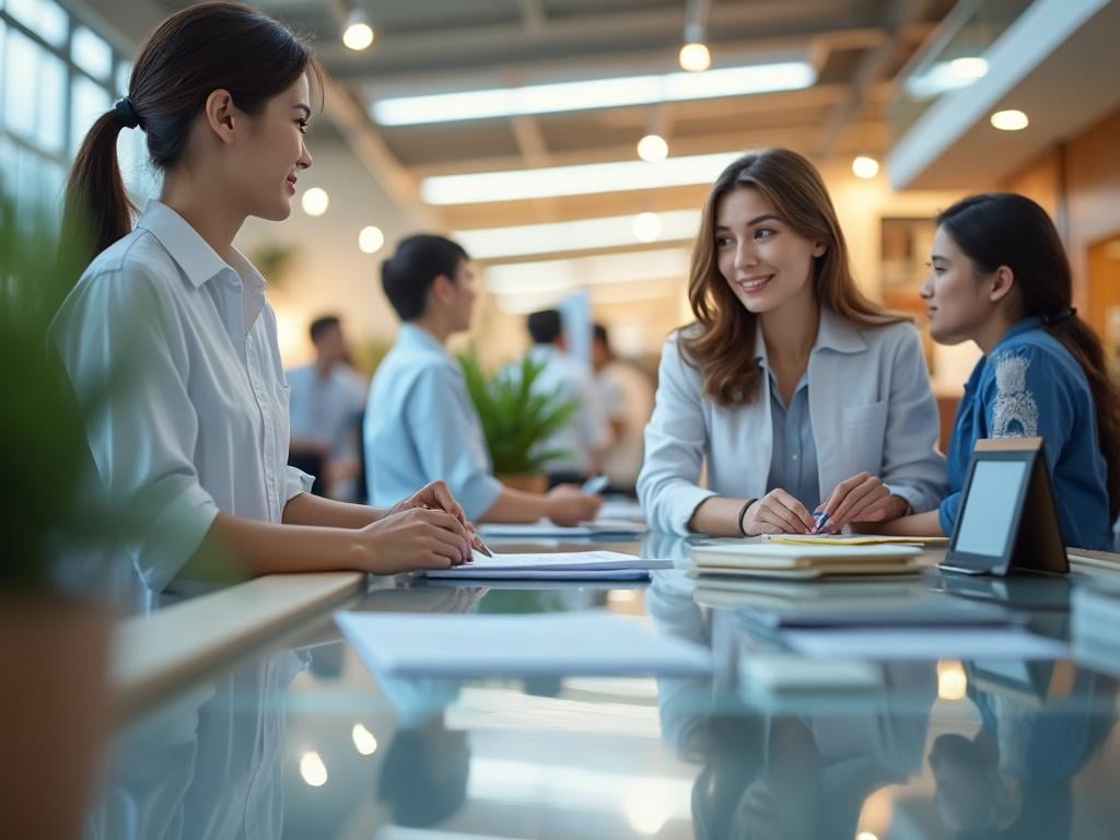Group of business professionals having a discussion in a modern office setting with documents on the table.