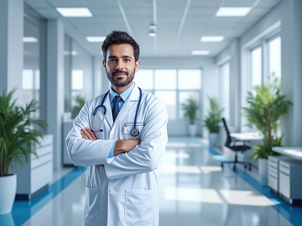 Doctor con bata blanca y estetoscopio en un moderno consultorio médico.