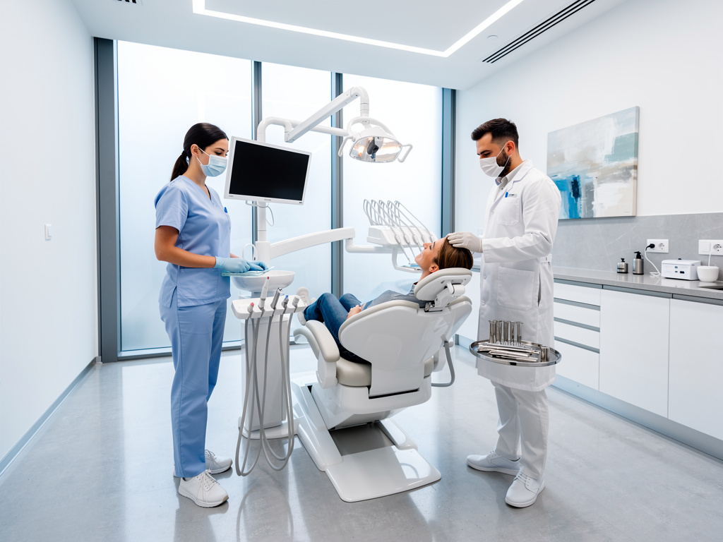 Dentista y asistente atendiendo a paciente en clínica dental moderna con equipo odontológico