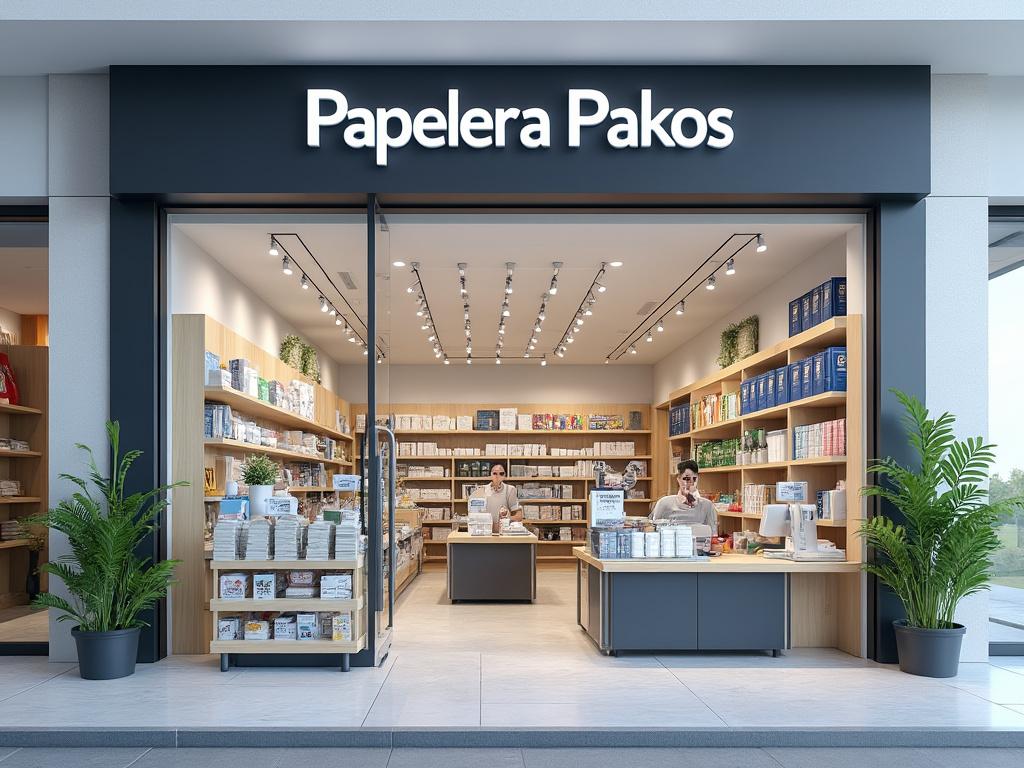 Vista frontal de la tienda 'Papelería Pakos' con entrada abierta, estanterías llenas de productos de papelería y dos personas en el mostrador.