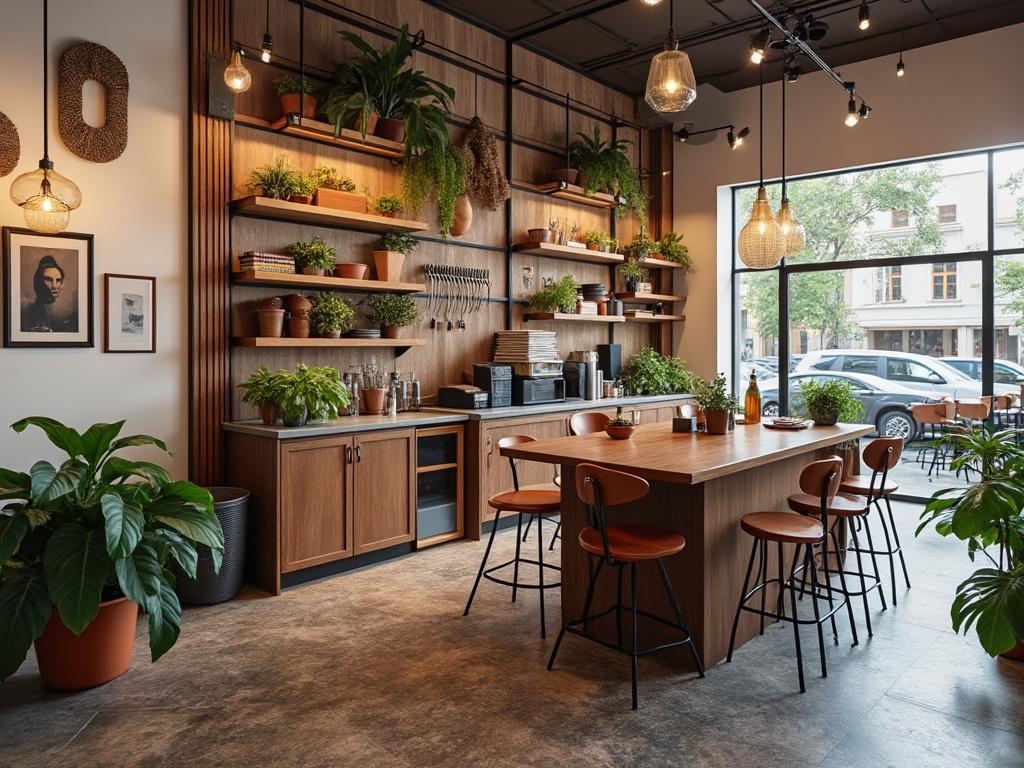 Cocina moderna con mesa central de madera, sillas altas, plantas en estanterías y ventanal grande.
