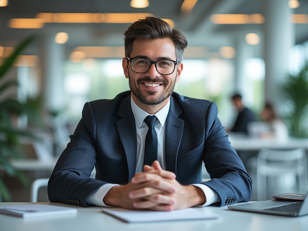 Hombre sonriente con gafas y traje sentado en una oficina moderna.