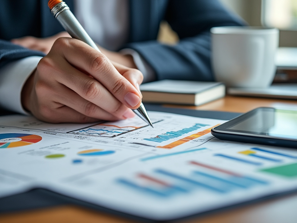Persona analizando gráficos financieros y estadísticos con una pluma, junto a una taza de café y un cuaderno.