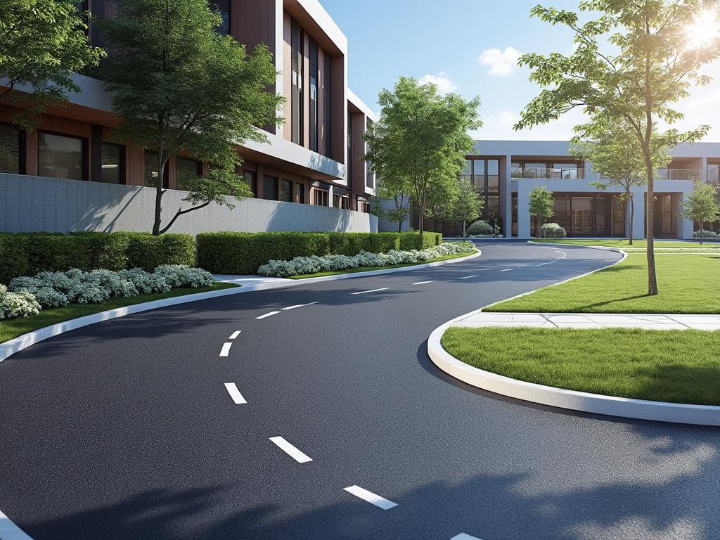 Modern residential street with curved asphalt road, lined with lush green trees and manicured hedges, adjacent to contemporary buildings, under a clear blue sky.