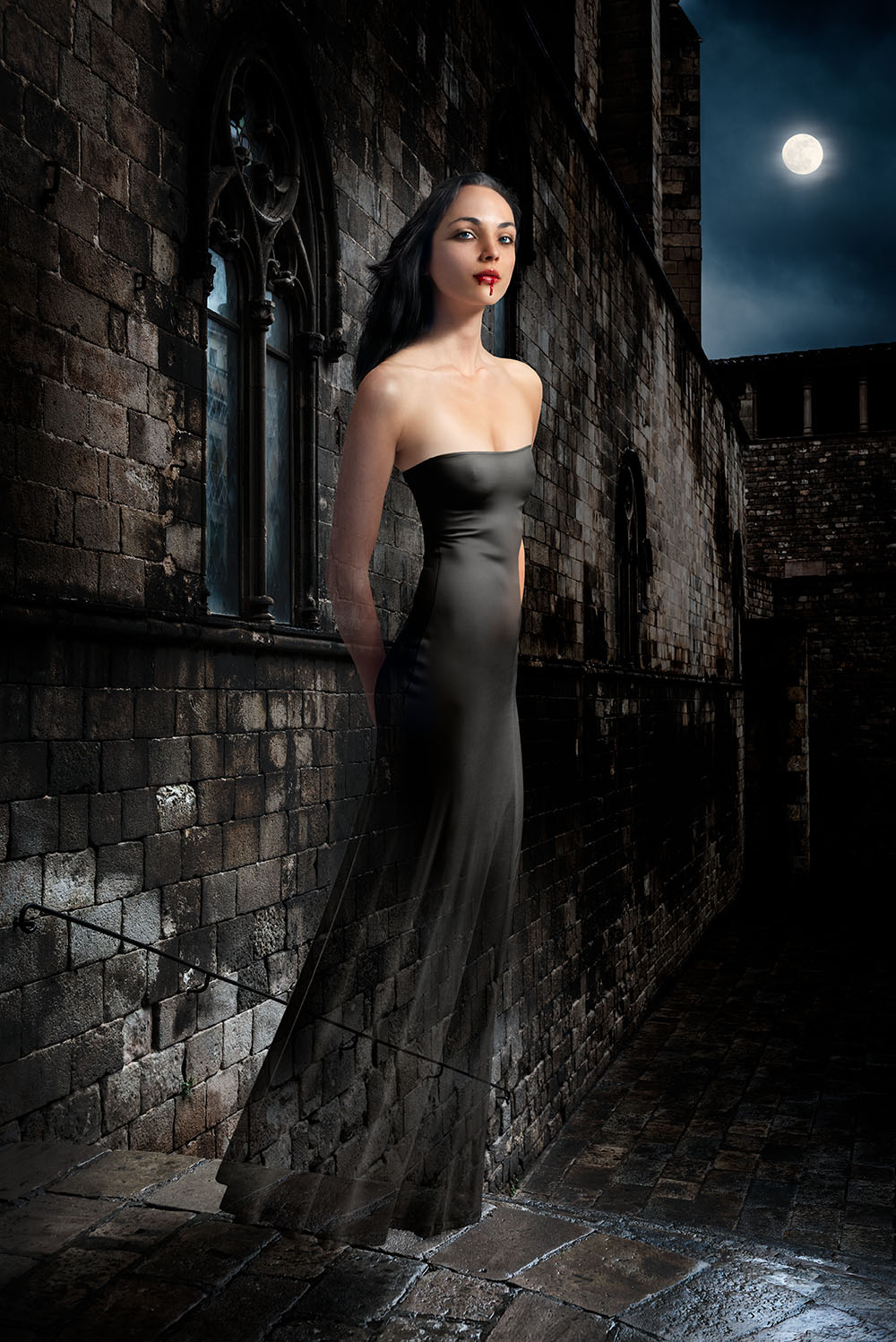 The ghost of a beautiful woman floating above the exterior steps of a gothic castle at night. Blood drips from her mouth.