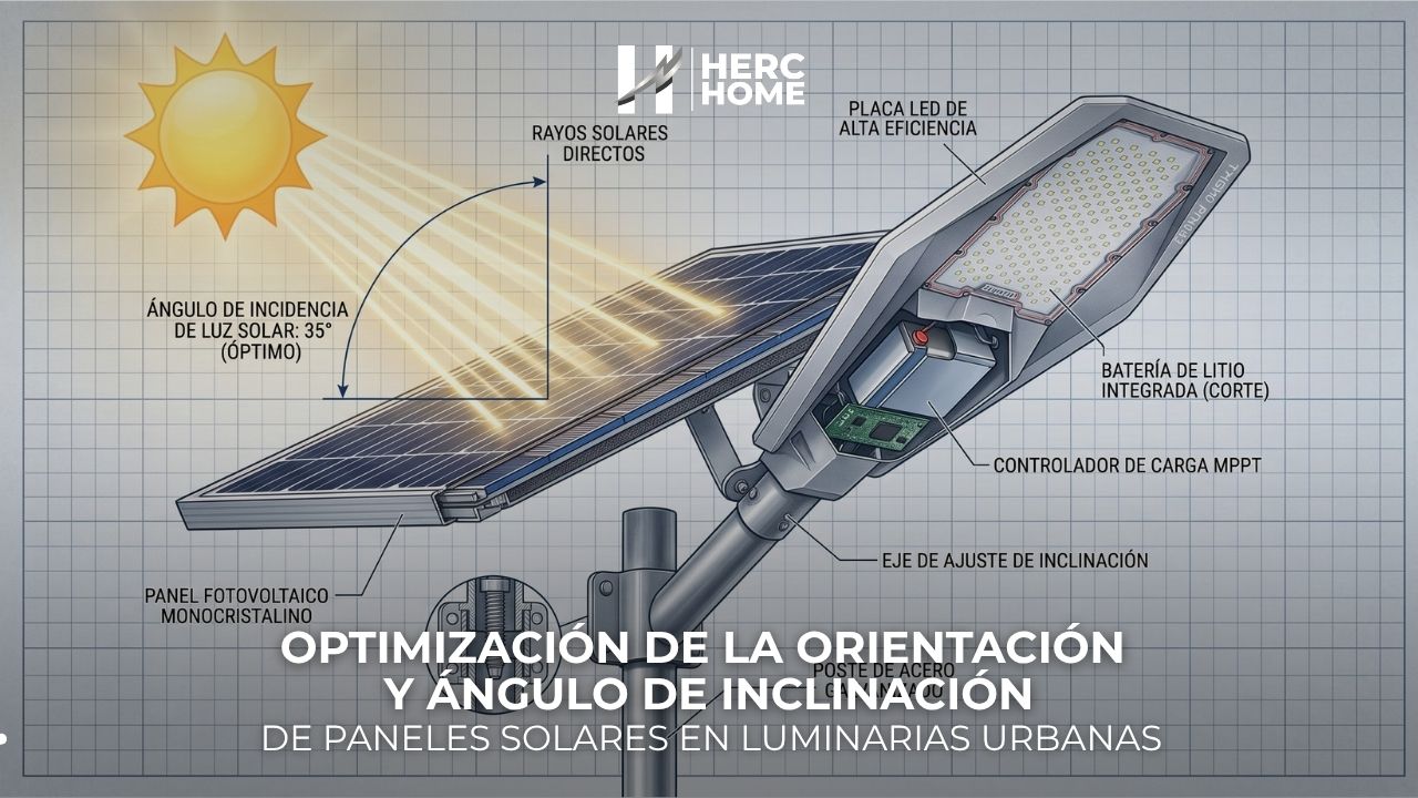 Ilustración técnica de una luminaria urbana HercHome mostrando el ajuste de inclinación óptimo de 35 grados para recibir radiación directa en un panel solar monocristalino, detallando el controlador MPPT y la batería de litio integrada.