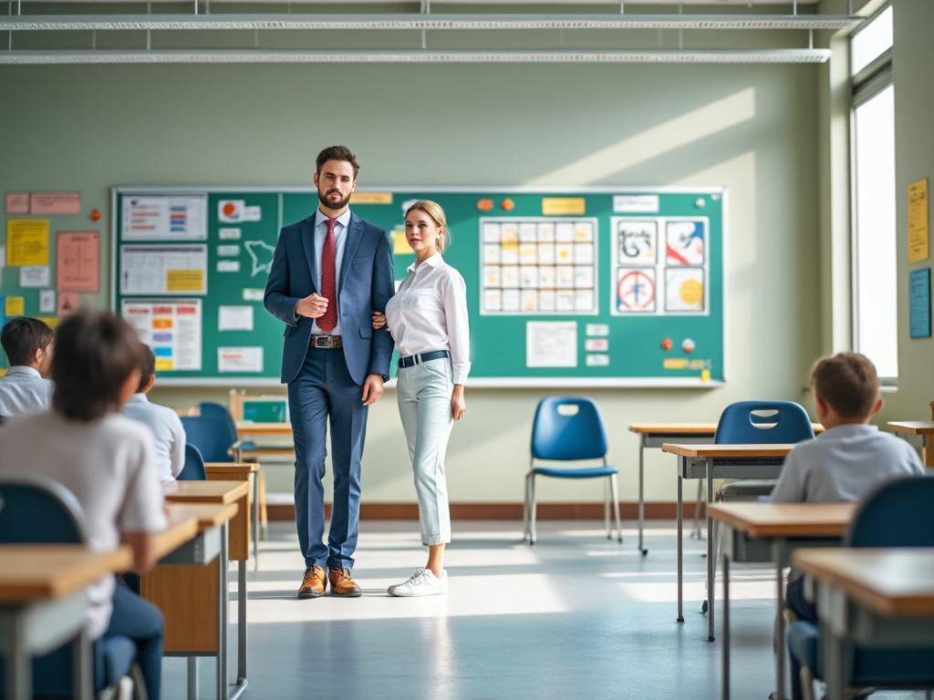 Profesores de pie frente a una clase de estudiantes en un aula moderna con un gran pizarrón verde.