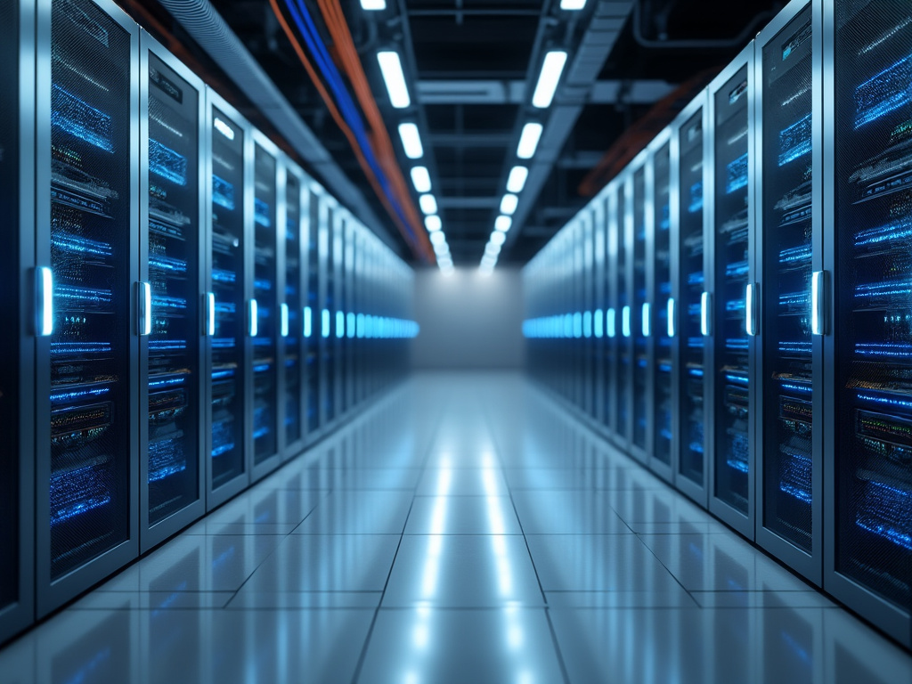 Modern data center aisle with illuminated server racks and blue LED lights.