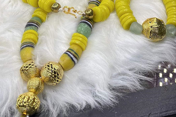 Yellow krobo bead necklace and bracelet