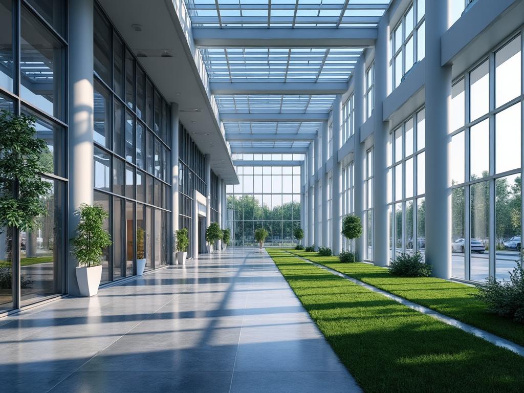 Pasillo moderno con techo de cristal, plantas en macetas y césped, rodeado de grandes ventanas.