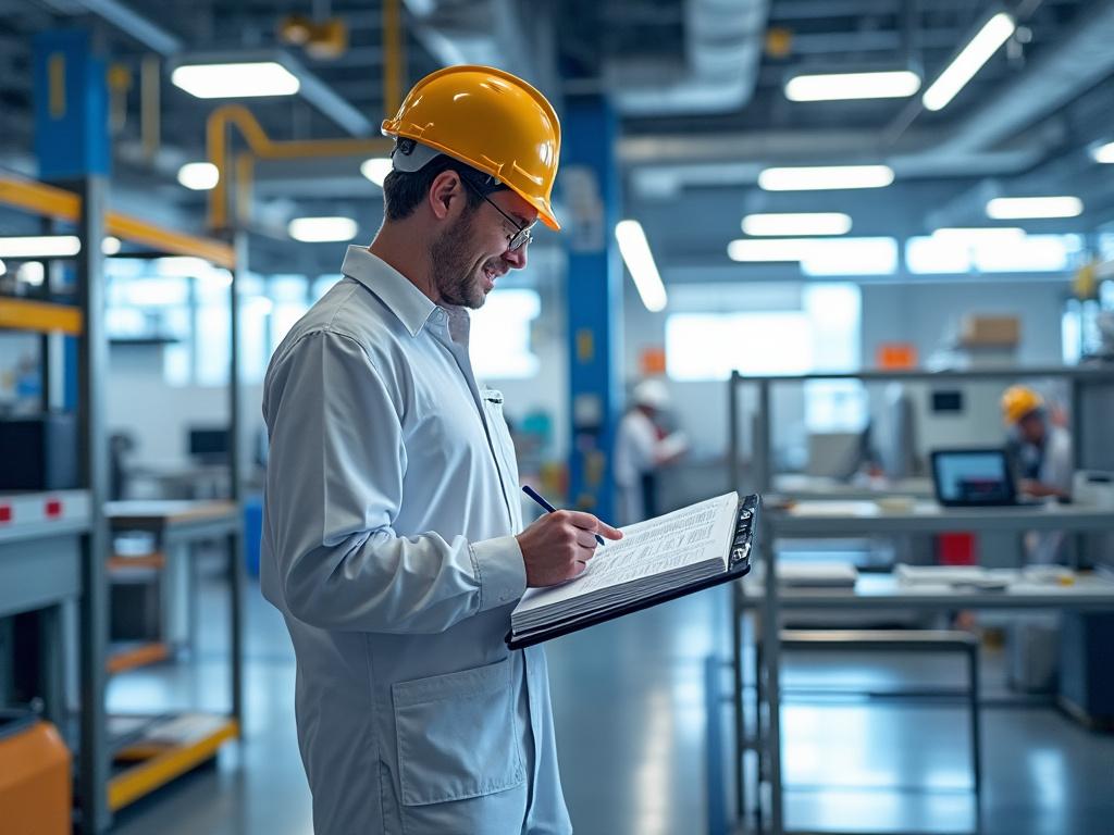 Ingeniero industrial con casco amarillo revisando lista de control en fábrica moderna