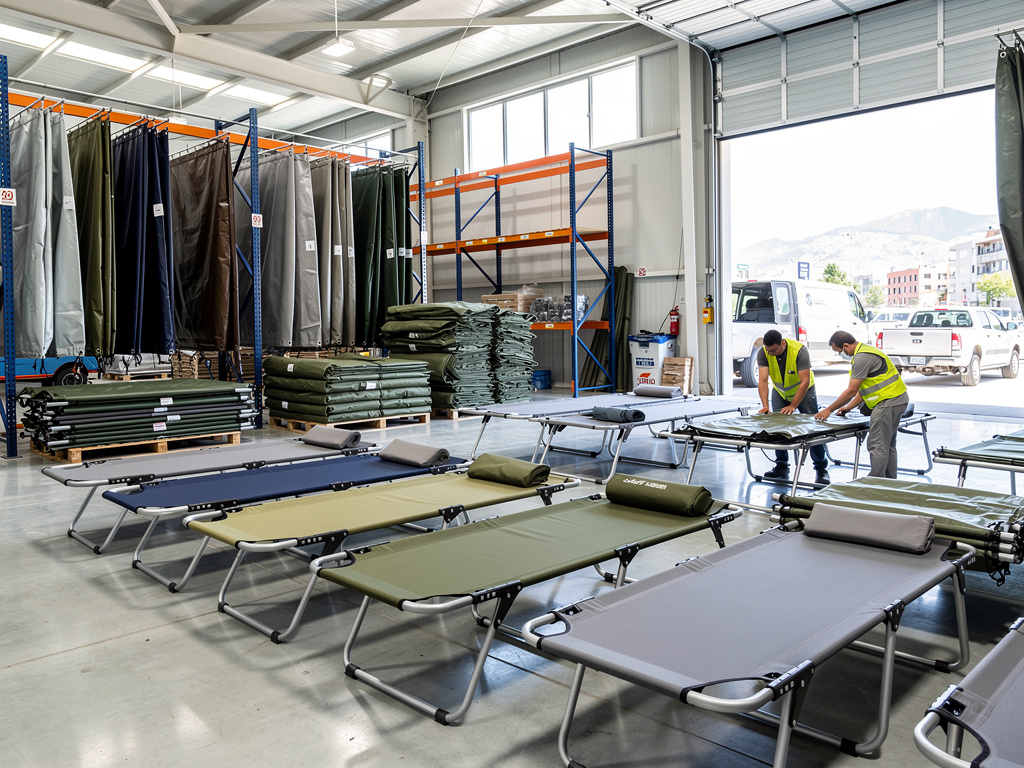 Almacén industrial con camas plegables y lonas para campamento organizadas en estanterías