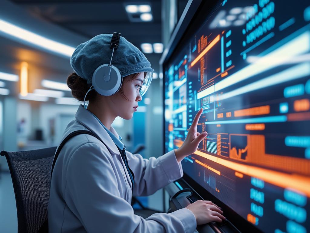 Person with headphones and hat operating a futuristic touchscreen interface in a modern office environment.