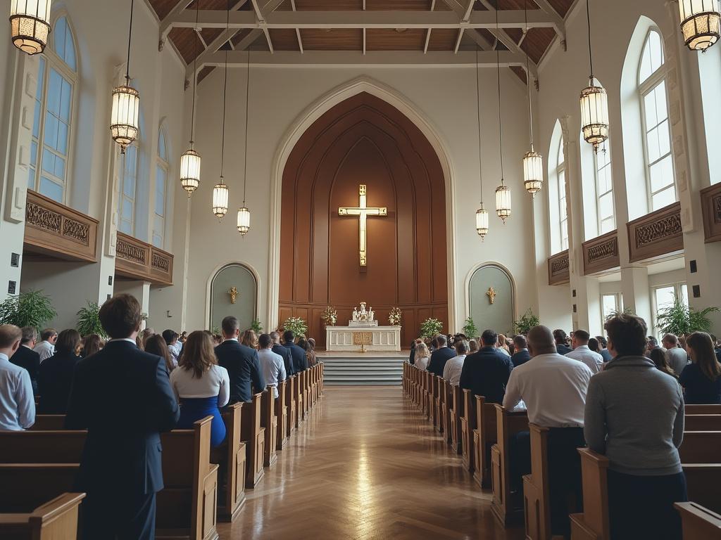 Interior de una iglesia durante un servicio religioso, con feligreses sentados en bancos de madera, grandes ventanales, un altar decorado y una cruz iluminada en el centro.