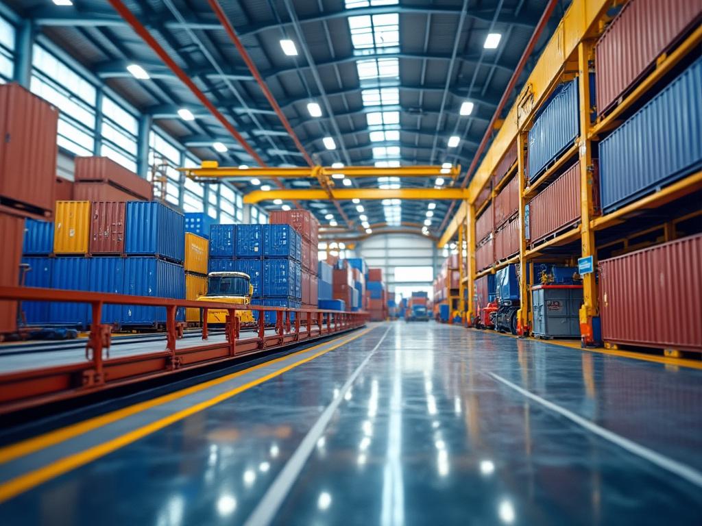 Interior de un almacén con contenedores coloridos apilados, grúas amarillas y un amplio espacio de almacenamiento.
