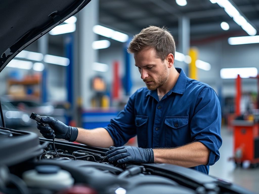 Mecánico revisando el motor de un automóvil en un taller, usando guantes y ropa de trabajo azul.
