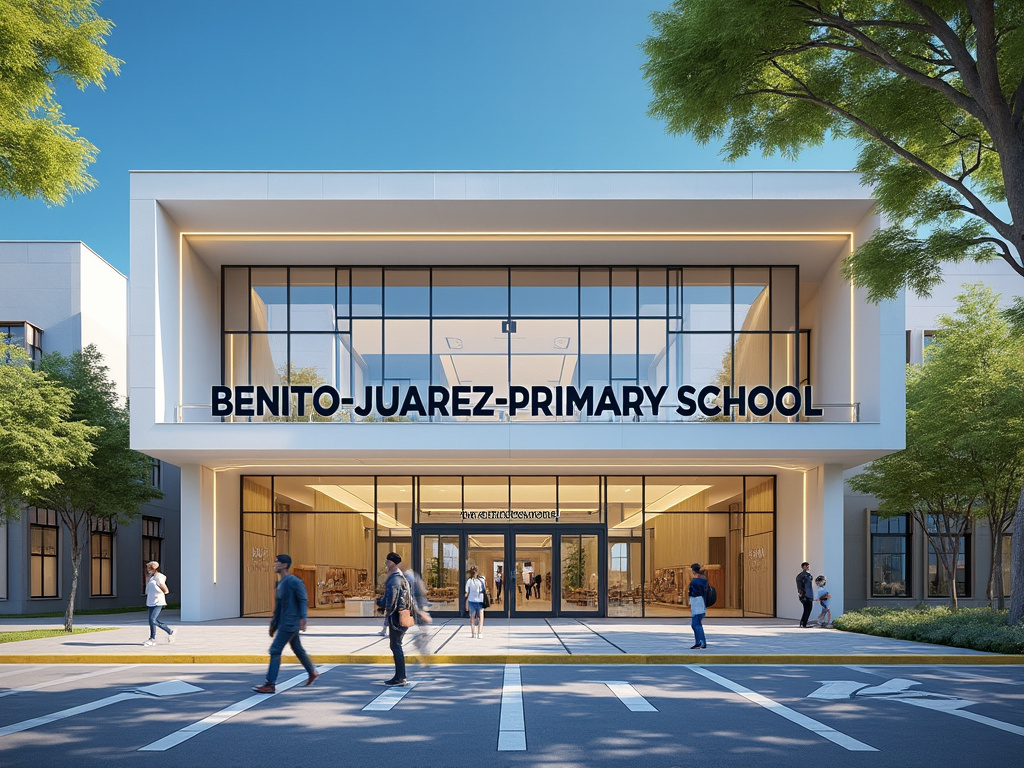 Fachada moderna de la escuela primaria Benito Juárez con grandes ventanales, entrada principal, árboles y estudiantes caminando