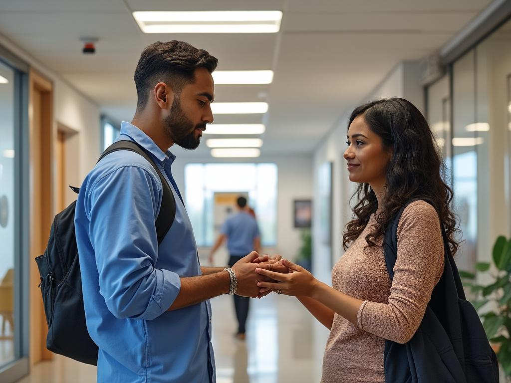 Dos personas con mochilas, mirándose y sosteniéndose las manos en un pasillo iluminado.